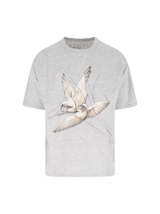 Maison Margiela Crew Neck T-Shirt With Unique Creased Bird Print