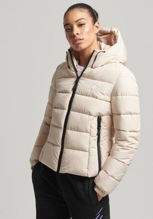 Superdry Steppjacke SUPERDRY HOODED SPIRIT SPORTS PUFFER, Damen, Gr. M, beige (tapioca), Web, Obermaterial: 100% Polyester, kontrastfarbene Details, unifarben,