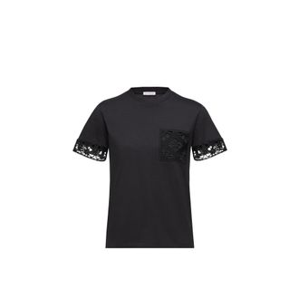 Moncler Moncler Macram&eacute;-trimmed Cotton T-shirt, Women, Black, Size: Xl