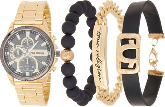 True Religion 4-Piece Round Chronograph Watch & Bracelet Set in Gold at Nordstrom Rack