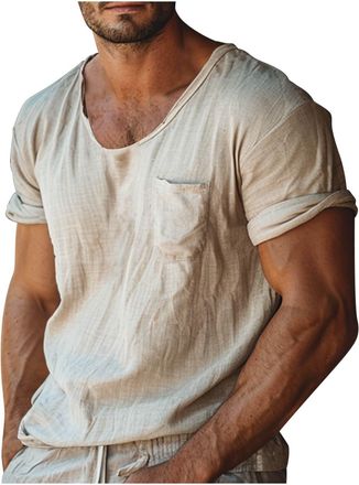 Generic Mens Short Sleeved Workout Tops Mens Slim Fit Cotton Work Short Sleeve Shirts For Men UK Solid Color Round Neck Pocket T-Shirt Fashion Basic Muscle Sl