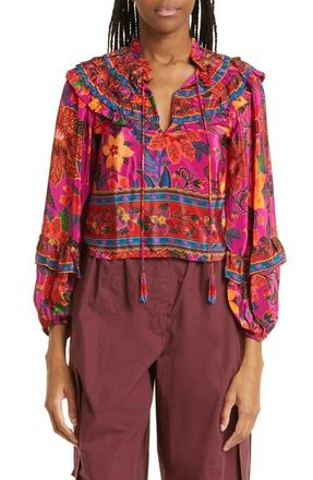 Farm Rio Tropical Tapestry Long Sleeve Ruffle Top in Tropical Tapestry Pi at Nordstrom, Size Medium