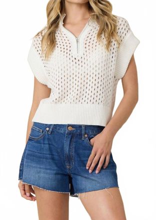 Vintage Havana Open Knit Short Sleeve Quarter Zip Sweater In White
