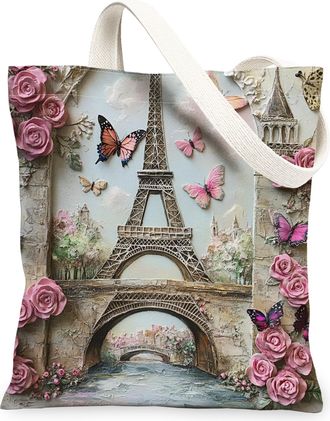 Generic Parisian Floral Canvas Tote Bags, Vintage Butterfly Rose Design Reusable Grocery Bags, Spring Lightweight Washable Shoulder Strap Canvas for Travel Be