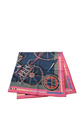 Herm&egrave;s 2000-2020 Voitures En Equilibre Cashmere Silk Shawl 140 scarves - women - Silk/Wool/Cashmere/Silk Charmeuse - One Size - Blue