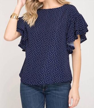 She + Sky Double Ruffle Polka Dot Top In Navy