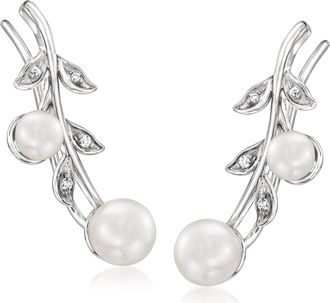 Ross-Simons 4.5-6mm Cultured Pearl Leaf Ear Climbers With Diamonds in Sterling Silver