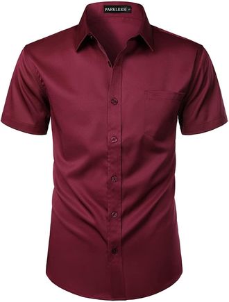 PARKLEES Mens Casual Urban Stylish Slim Fit Short Sleeve Button Up Dress Shirt with Pocket EU-ZLSC15 Burgundy XXX-Large