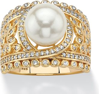 Palm Beach Jewelry 65 Cttw. 14k Gold-plated Sterling Silver Simulated Pearl and CZ Floral Ring