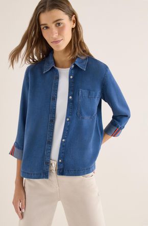 Cecil Hemdbluse CECIL, Damen, Gr. M (40), mid blau wash, Denim/Jeans, Obermaterial: 100% Lyocell, unifarben, l&auml;ssig geschnitten h&uuml;ftbedeckend, Rundhals, mit