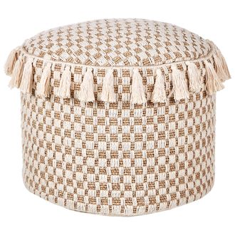 Beliani Puf Redondo Tejido A Mano Estilo Boho De Algod&oacute;n Y Algas Marinas 50 Cm Beige Claro Natural Pirak