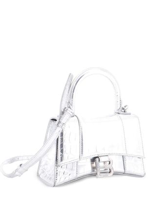 Balenciaga Hourglass kleine leren tas met handgreep en krokodillen-reli&euml;f - Zilver