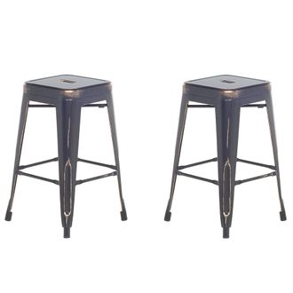 Beliani Conjunto De 2 Taburetes De Acero Negro Dorado 60 Cm Industrial Interior Ba&ntilde;o Cocina Sala De Estar Exterior Jard&iacute;n Cabrillo