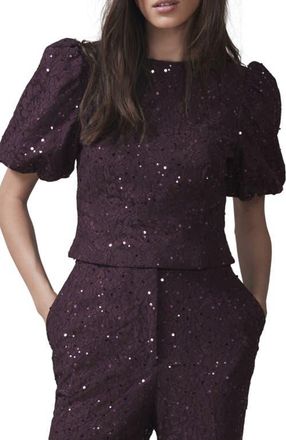 Mint Velvet Sequin Lace Puff Sleeve Top in Burgundy at Nordstrom, Size 6