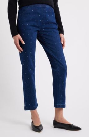 Hue Rhinestone Straight Leg Crop Denim Leggings in Dk Rinse at Nordstrom, Size X-Large