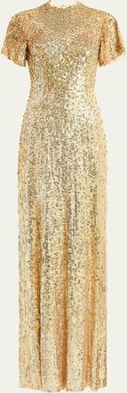 Jenny Packham Jourdain Sequined Short-Sleeve A-Line Gown