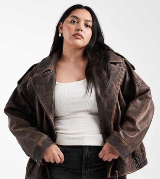 Asos Curve ASOS DESIGN Curve - Giacca biker oversize in pelle marrone slavato con fodera trapuntata