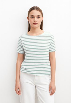 Vero Moda Rundhalsshirt VERO MODA VMABBY SS ZIP TOP JRS NOOS, Damen, Gr. XS, weiss (snow wei&szlig; stripes:gray mist), Jersey, Obermaterial: 77% Polyester, 19% Visko