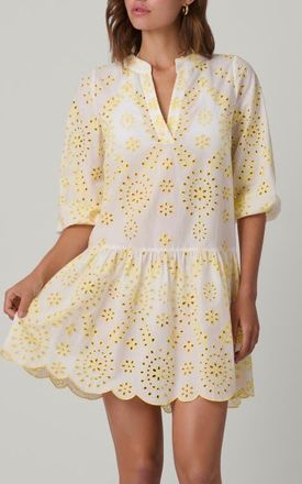 Shoshanna Embroidered Eyelet Umbrella Mini Coverup in Lemon/optic White at Nordstrom, Size X-Small