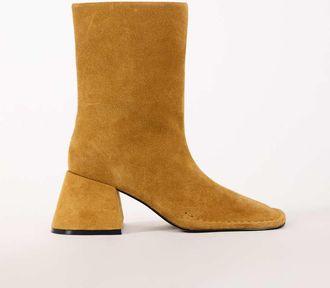 Topshop Pamela stivaletti alla caviglia in vera pelle scamosciata con tacco largo color cuoio-Marrone