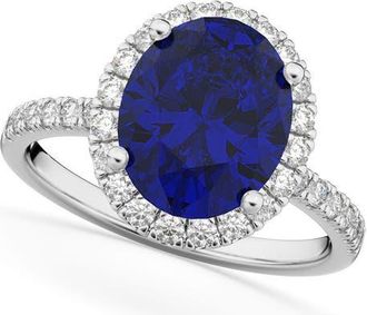 Allurez Oval Cut Halo Blue Sapphire & Diamond Engagement Ring 14K in 3.66Ct/white Gold at Nordstrom, Size 6.5
