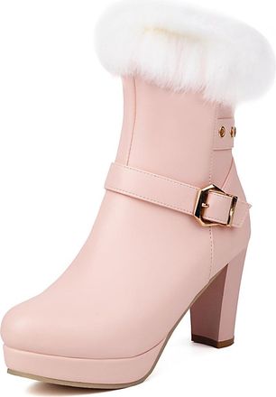 Generic Womens Round Toe Platform Boots with Buckle Chunky High Heel Winter Boots PU Leather Short Boot with Side Zipper,Pink,8.5 UK