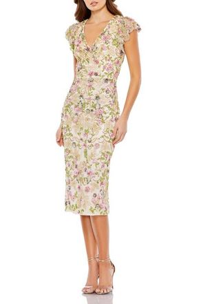 Mac Duggal Floral Embellished Flutter Cap Sleeve Dress in Cream Multi at Nordstrom, Size 10