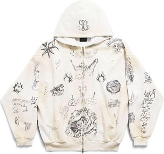 Balenciaga Tat Zip-up Hoodie Medium Fit Jacket Off White Black 770939TQVK13307