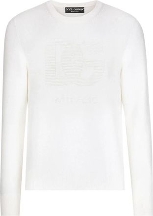 Dolce & Gabbana Fijn Gebreide Logo Trui - Heren - Ronde hals truien - Wit - L - Wol - Truien & Vesten