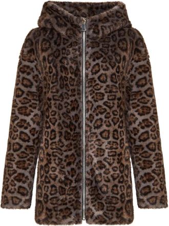 Cesare Gaspari Jassen, Dames, Bruin, 2Xl, Leer, Omkeerbaar Imitatieleren Jas met Luipaard Imitatiebontrand