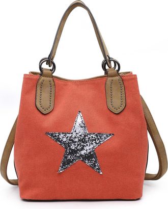 Generic Canvas Tote Bag with Sequin Star, Womens Shoulder Crossbody Handbag, PU Leather Trim, 24x24x16cm (Orange)