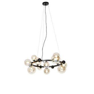 QAZQA Qazqa Art D&eacute;co L&aacute;mpara Colgante Art Deco Negra Con Cristal &Aacute;mbar 12 Luces - David Acero /vidrio Redonda Adecuado Para Led Max. 12 X 28 Watt