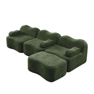 Urban Meuble Sof&aacute; rinconero modular de 3 plazas en terciopelo verde con puf