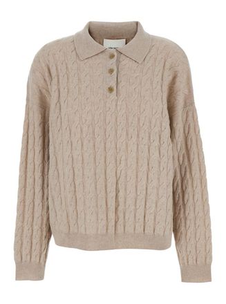Lisa Yang Magnolie Beige Cable Knit Polo Shirt-Style Sweater With Classic Collar In Cashmere Woman