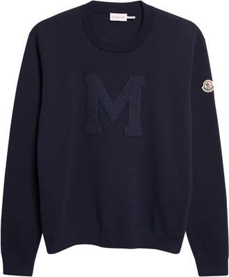 Moncler Chest Appliqu&eacute; Crewneck Cotton Blend Sweatshirt in Obsidian Blue at Nordstrom, Size Xx-Large