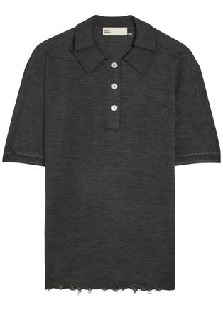 Tory Burch Distressed Silk-blend Polo top - Dark Grey - S (UK8-10 / S)