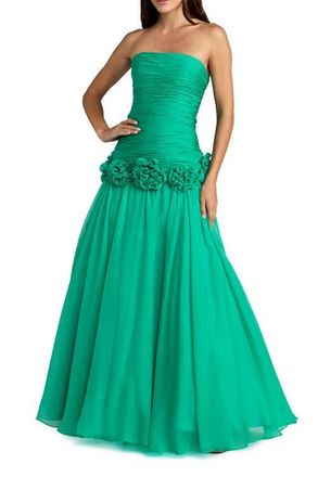 Mac Duggal Strapless Chiffon Drop Waist Ball Gown with Floral Appliqu&eacute; in Spring Green at Nordstrom, Size 10