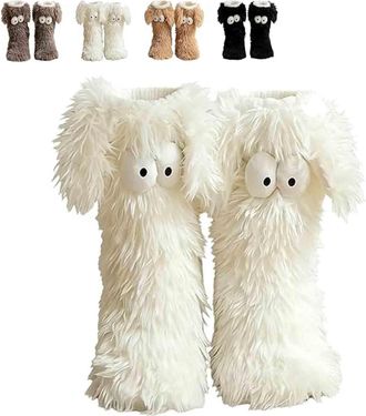 Generic Cozy Socks for Women, Winter Warm Fuzzy Non-Slip Slipper Socks with Cute Big Eyes, Thick Plush Winter Home Socks, Soft Warm Floor Socks (White)