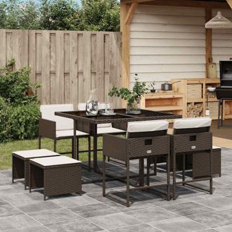 vidaXL Set Comedor Para Jard&iacute;n 9 Pzas Y Cojines Rat&aacute;n Sint&eacute;tico Marr&oacute;n