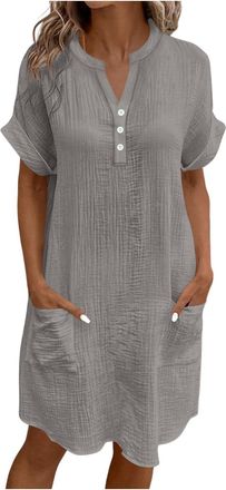 Generic Ladies Summer Dresses Summer Dresses for Women UK Fashion Solid Color Button Mini Dress Casual V Neck Short Dress with Pocket Loose Fit Short Sleeve S