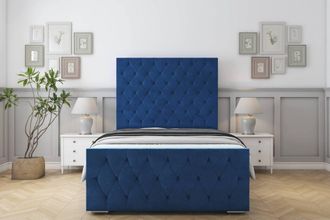 Sloomy Watson Plush Bed Frame With 50 Upholstered Headboard in Navy | Size: Double