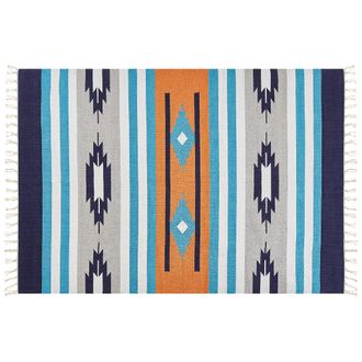 Beliani Alfombra Kilim De Algod&oacute;n Azul Gris Naranja 200 X 300 Cm A Mano Geom&eacute;trico Borlas Noratus
