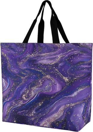 Generic Purple Glitter Pattern Large Reusable Shopping Bag Lightweight Foldable Tote Bags Washable Shoulder Handbag