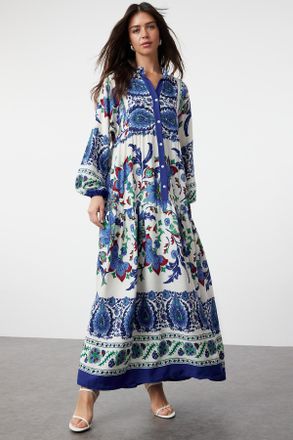 Trendyol Modest Dames Blauw Etnisch patroon Maxi Lang Casual A-lijn Modest Jurken