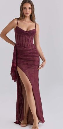 House of CB Austelle abito lungo corsetto in pizzo cabernet-Rosso