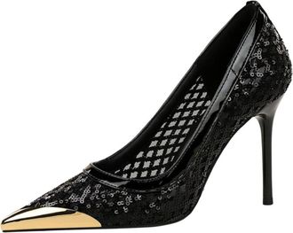 Generic Womens Stiletto Pointed Toe Pumps Stilettos 9.5cm Sequins Mesh Sexy Party Shoes Pumps-Numeric_4_Point_5 Black
