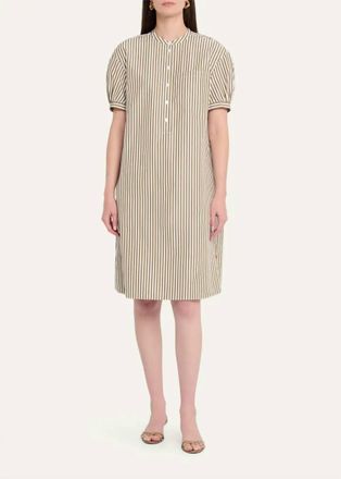 Lafayette 148 New York Stripped Puff Sleeve Shift Dress In Khaki Green