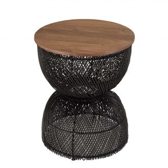 Macabane Mesa auxiliar de rat&aacute;n negro con tablero de madera de teca reciclada