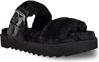 Nine West Funkie Sandals Womens Black Faux Fur Slip On Flat Slide JOBB217