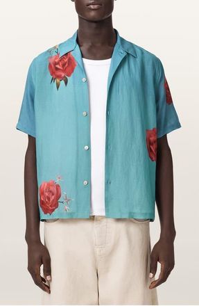 AllSaints Fazed Floral Button-Up Camp Shirt in Anker Blue at Nordstrom, Size Xx-Large